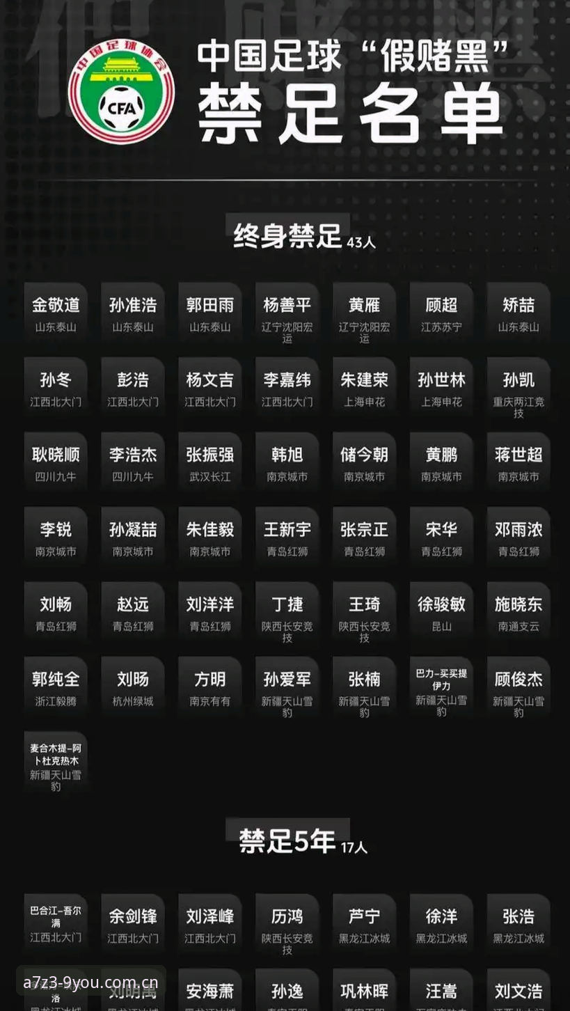 中国足协第三批禁足名单最新动态：17人终身禁足，48人受罚，足球反腐风暴再升级